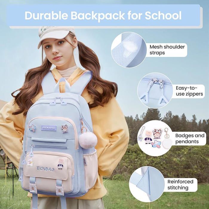 Mochila escolar - HAOPYOU - 20 litros - Azul - Con cremallera - Kawaii - Niña