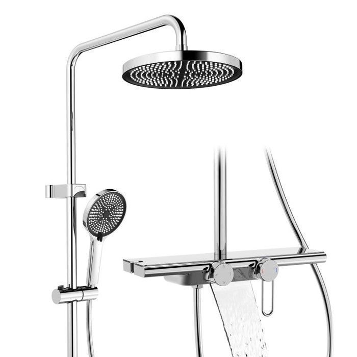 Chromen douchekolom met opbergplank en messing mengkraan met 3 functies - HOMELODY