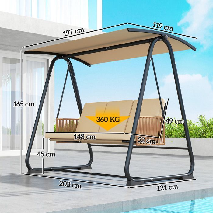 Balancelle de jardin - Outsunny - 3 places toit réglable structure acier robuste 360kg coussin 7cm - 203x121x165cm - sable