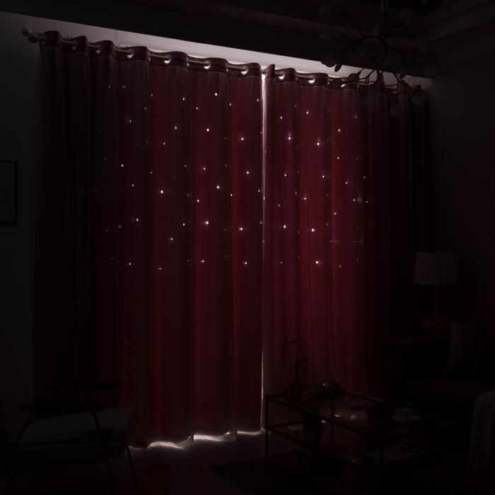 2 paneles - Cortina doble - Diseño de estrella calada - Opaca - 100 x 250 cm - Rosa - Para salón y dormitorio