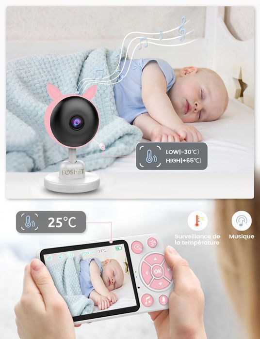 FOSMET Babyphone-Kamera, 4-fach Zoom/2,4-GHz-Zwei-Wege-Kommunikation/Schlafliedfunktion/Nachtsicht/VOX/Temperatursensor, Rosa
