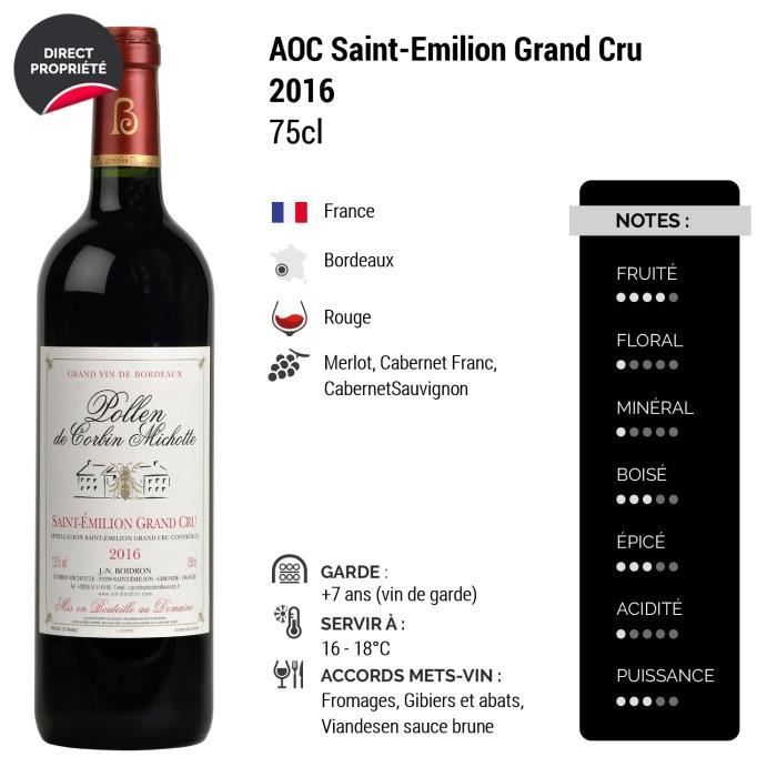 Saint-Emilion Grand Cru pollen Rouge 2016 - Lot de 6x75cl - Château Corbin Michotte - Vin AOC Rouge de Bordeaux