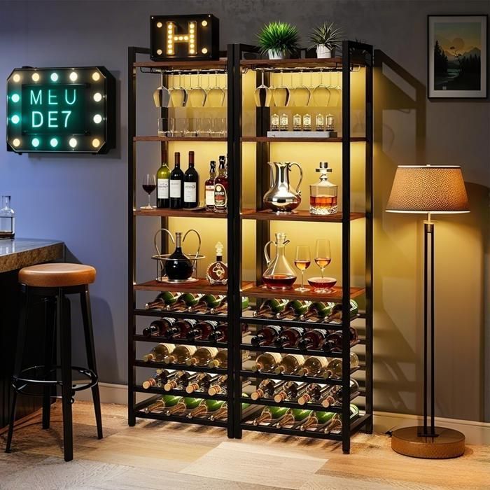 180cm Wine Rack, 9-Tier Freestanding Bottle Rack with Glass Holder and Storage Shelves for Wine Bar, Kitchen