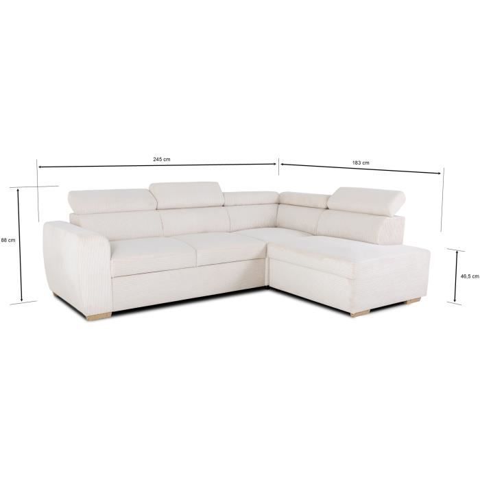 Canapé d'angle convertible réversible - 4/5 places - KELIO - Velours côtelé beige - 245 x 184 x 77/87cm