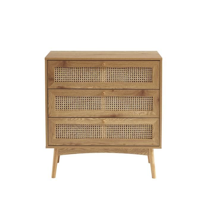 INES Kommode in Eichenoptik mit Rattanbespannung, 3 Schubladen – Holz
