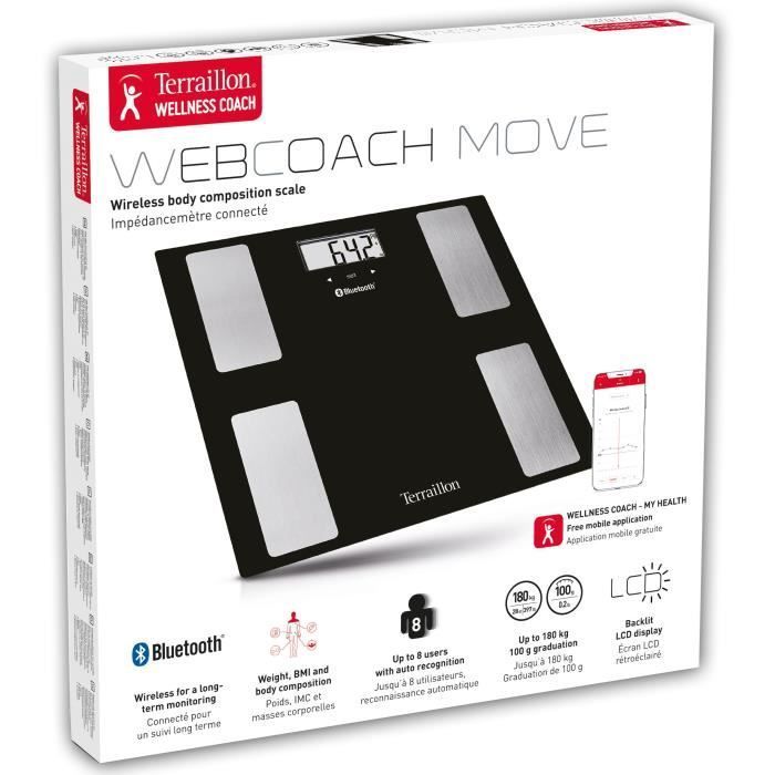 TERRAILLON - Web-connected body composition analyzer Coach Move - Body mass analysis - glass platform - 8 user profiles