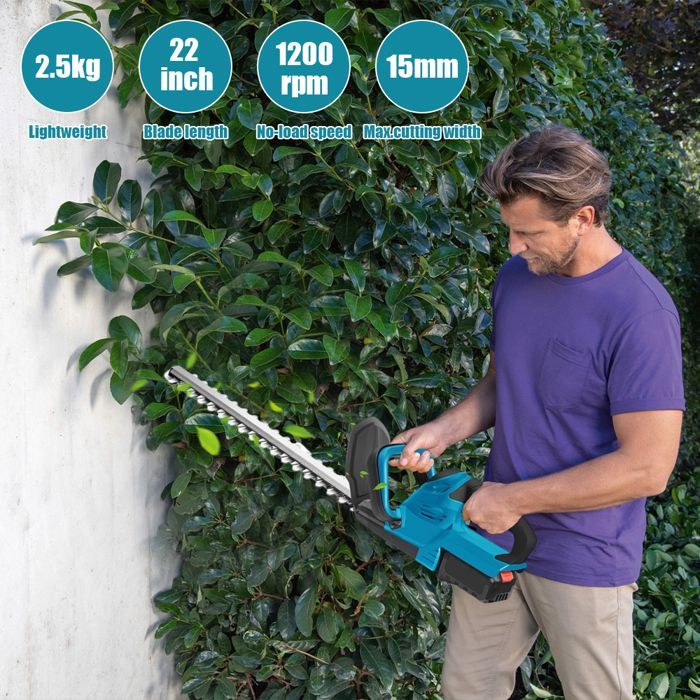 21V cordless hedge trimmer with 2 batteries, brushless motor, speed: 2000RPM, power: 800W for trimming trees.