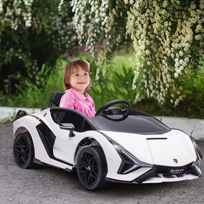 Auto elettrica per bambini - HOMCOM - Lamborghini Sian 12V con telecomando 2.4G, effetti sonori e LED - ABS - Bianca