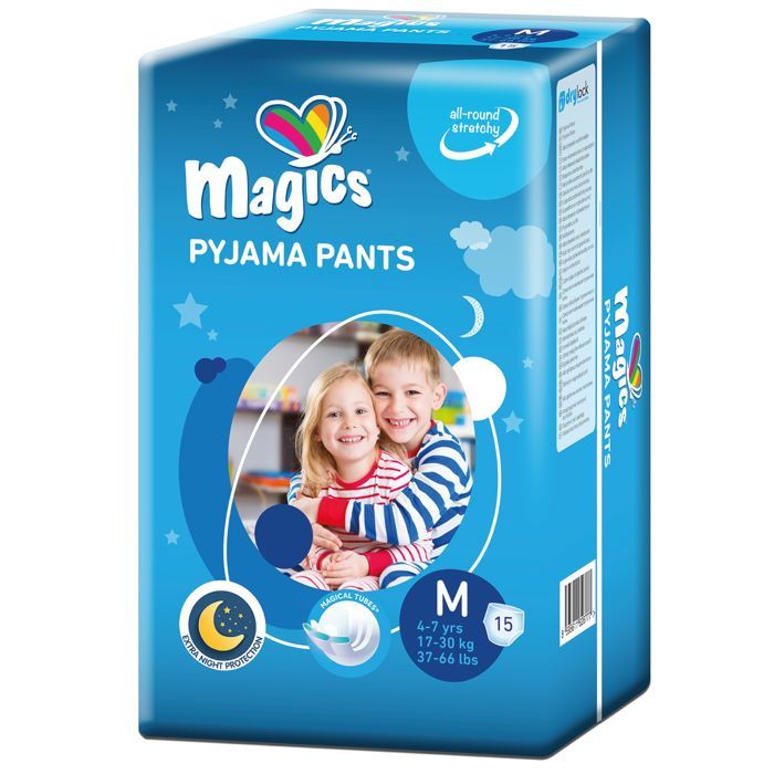Magics Night Pants - 15x Absorbent Nighttime Diapers - Children 4-7 Years, Size M (17-30 kg) - Incontinence Underwear