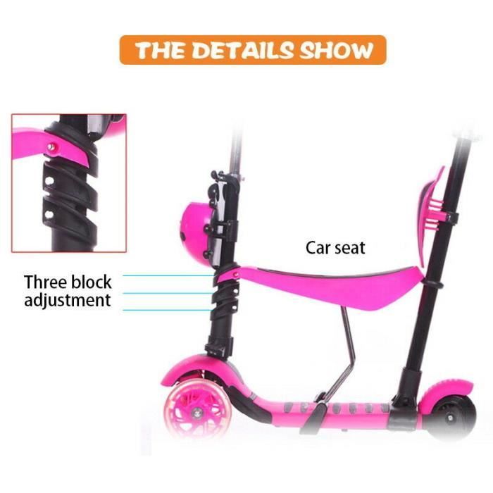 5-in-1 Scooter with Removable Child Seat - Pink - Adjustable Height - 3 LED Light-Up Wheels