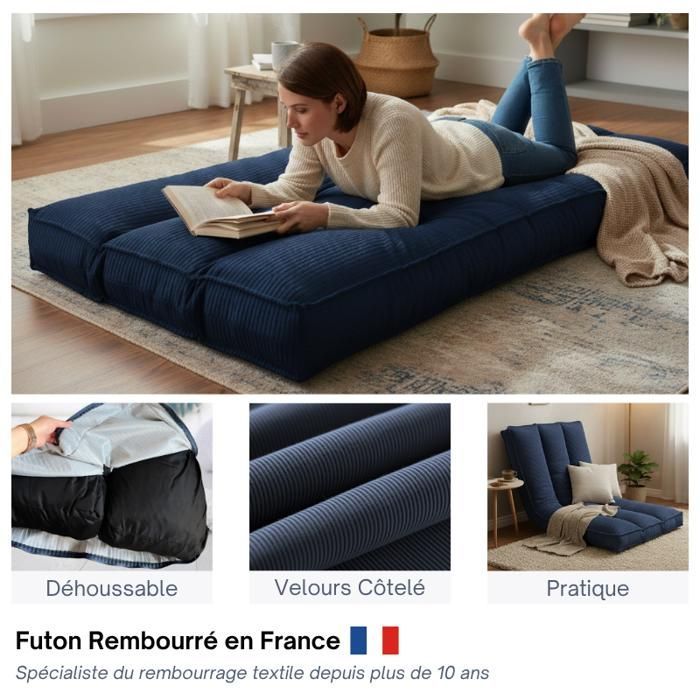 Futon con rivestimento sfoderabile - 90 x 190 cm - Bananair - Blu scuro