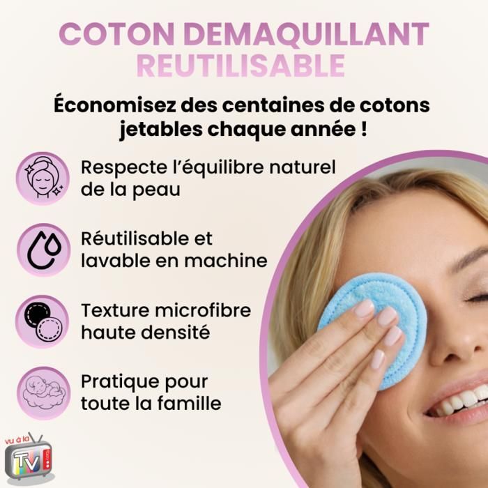 VENTEO - Coton Demaquillant Reutilisable pour visage yeux levres | Lingette Demaquillante lavable en machine pour tous types de peau