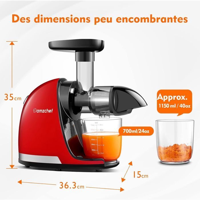 Extracteur de Jus AMZCHEF Lente 99.9% de Saveur Originale Juicer Presse à Froid Facile à Nettoyer sans BPA Rouge
