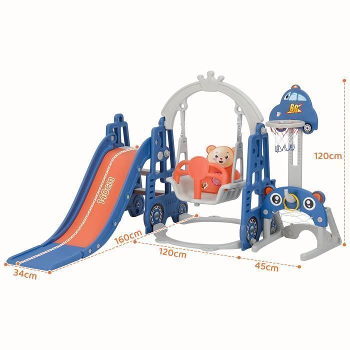5 en 1 Toboggan pour enfants avec balançoire, toboggan, panier de basket, but de football, un jeu de lasso, hockey, Bleu
