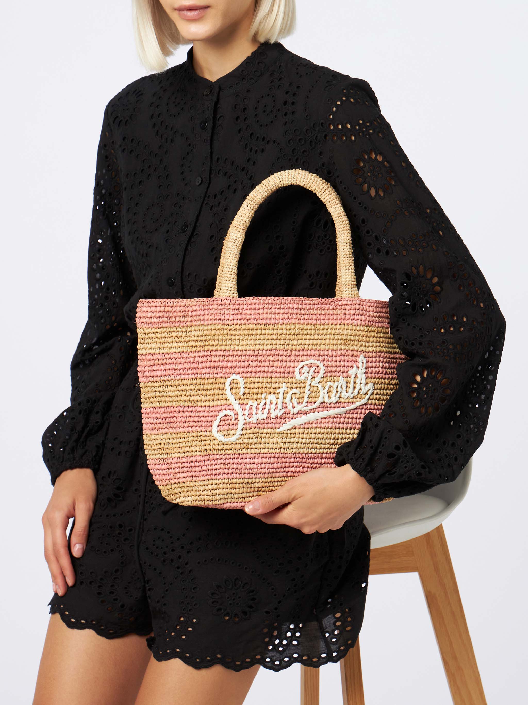 Rosa gestreifte Midi-Strandtasche aus Bast mit Baumwollclutch
