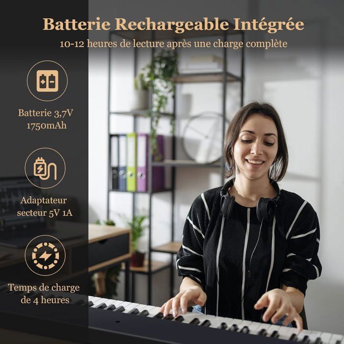 Teclado musical electrónico plegable COSTWAY de 88 teclas - Bluetooth con aplicación - Función de división de teclado - Pantalla LCD - 2 altavoces - Batería - Negro