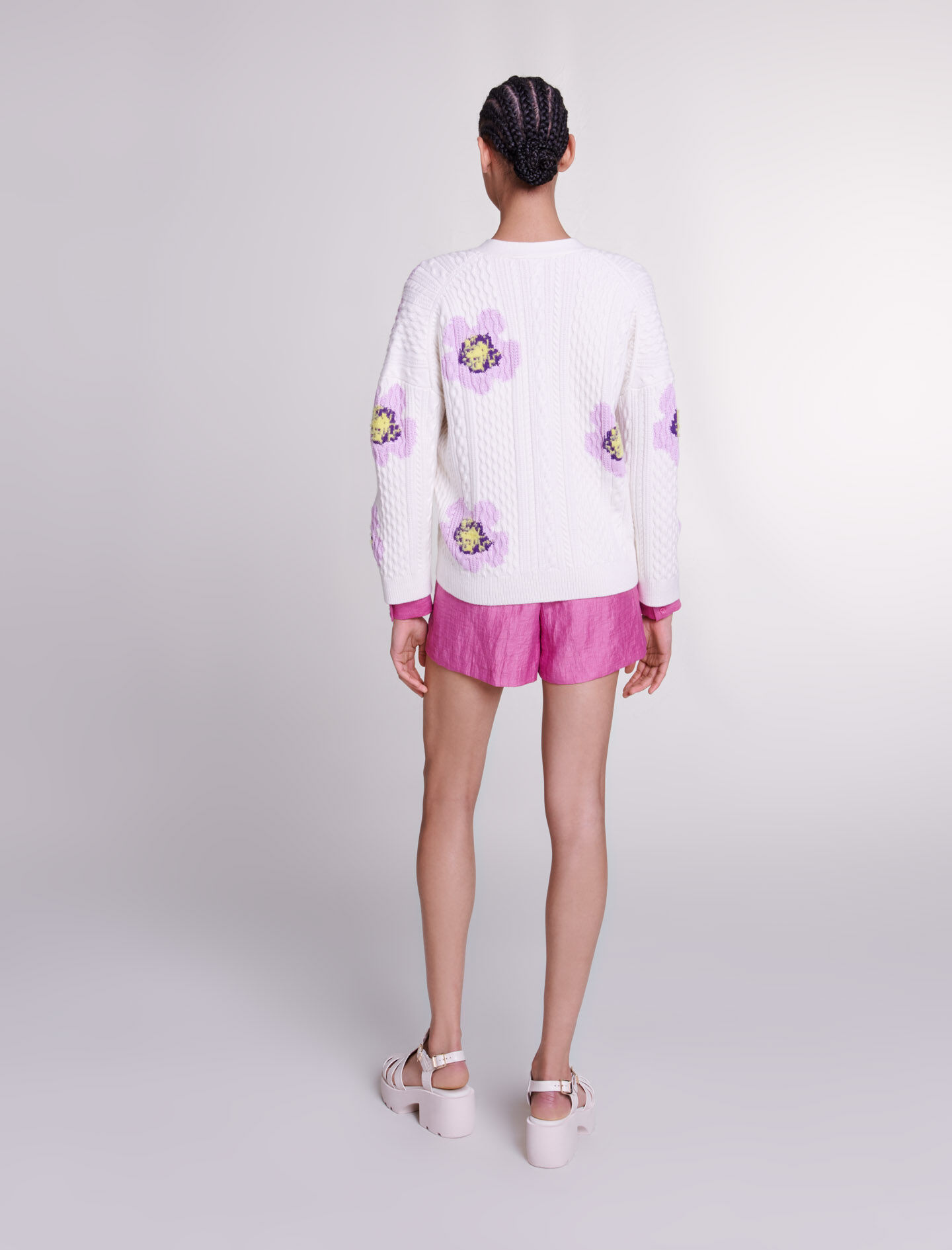 Cardigan tricotat cu imprimeu floral - Alb-gălbui