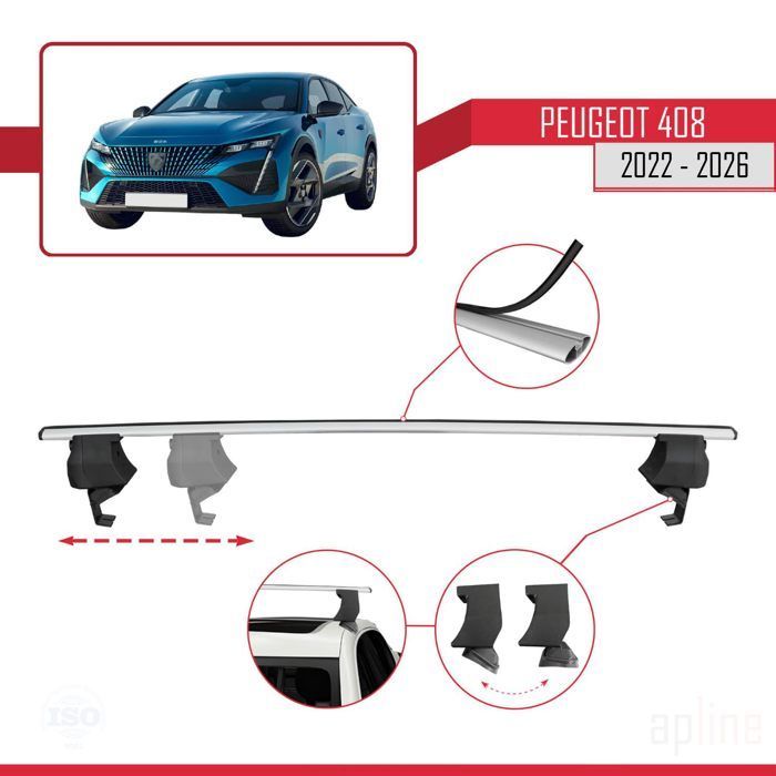Barras de techo ACE-4 compatibles con Peugeot 408 (P54) 2022-2026, portaequipajes para coche, aluminio gris, 2 barras.