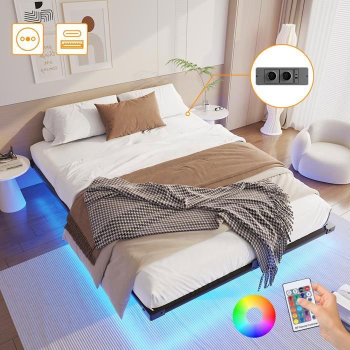 140 x 190 cm Bed Frame with Metal Slatted Base - NHHF - with LED and USB - 21 cm Under-Bed Storage for Bedroom - Double Bed