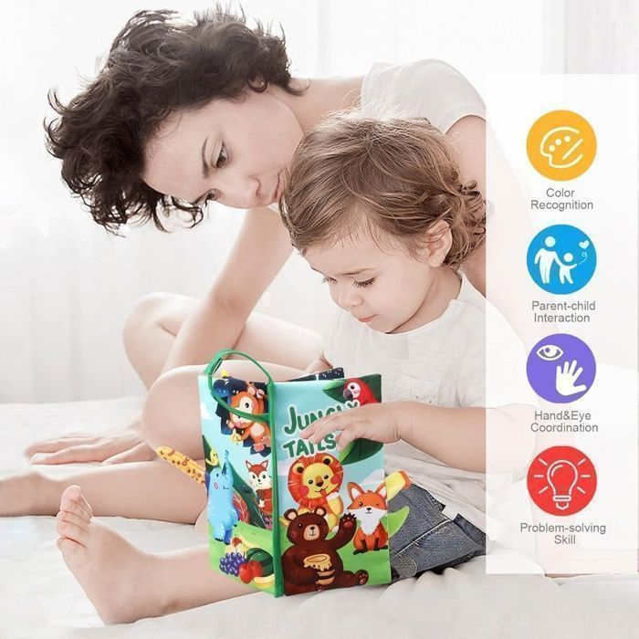 Juguetes Montessori para bebés de 0 a 12 meses para el aprendizaje temprano, libro sensorial de tela con animales y espejo (Mundo de la Selva)