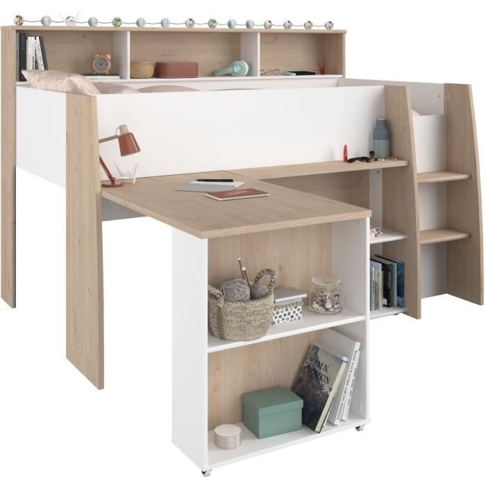 Cama infantil combinada PARISOT con escritorio retráctil - Acabado en blanco y roble - 90 x 200 cm - Base de láminas incluida - THEO