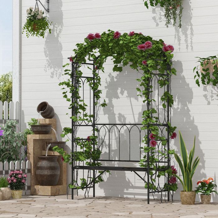 Rozenboog met bankje - Outsunny - 2 personen - voor klimplanten - voor tuin, terras of binnenplaats - 115 x 50 x 203 cm - zwart