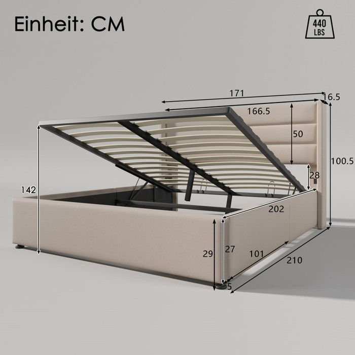 Lit coffre 160 x 200 cm,lit 160 x 200 avec sommier,lit double capitonné,lit 2 personnes avec sommier à lattes en bois,lin beige