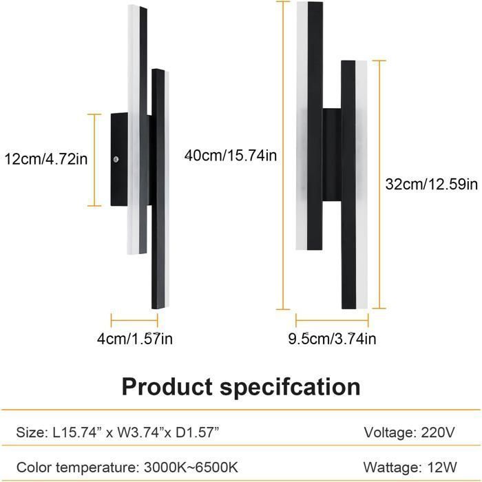 Aplique de pared LED moderno DELIPOP de 16 W con temperatura de color ajustable (3000 K/4000 K/6500 K) para dormitorio, pasillo y entrada – Negro