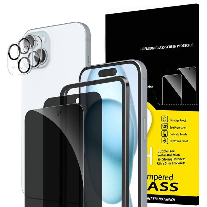 Kit de 4 unidades: 2 protectores de pantalla de vidrio templado anti-espía para iPhone 15 (6,1 pulgadas) y 2 protectores de cámara trasera.