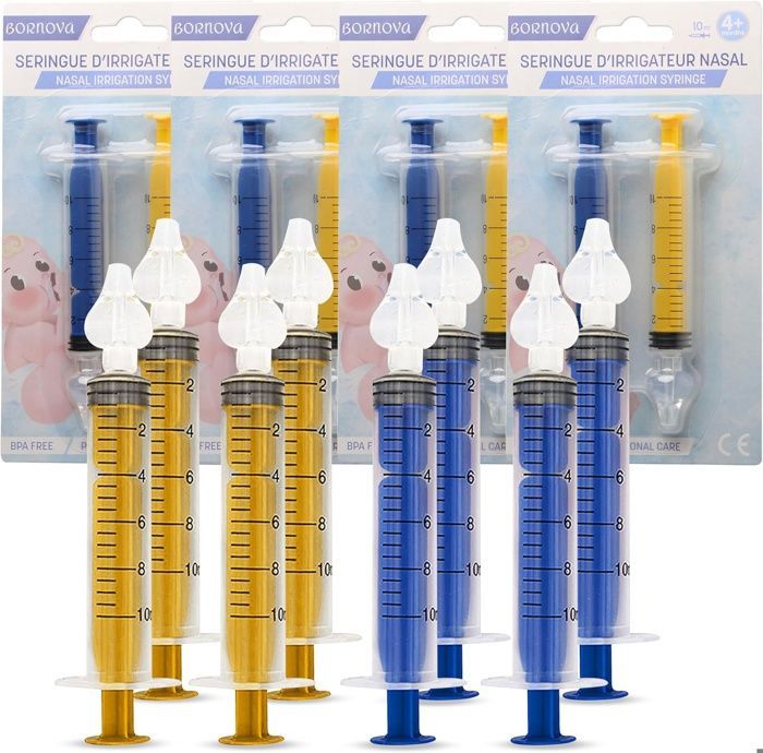Kit de aspirador nasal BORNOVA - 8 jeringas nasales para bebés y adultos - Punta de irrigador nasal de silicona, 10 ml (4 azules + 4 amarillas)