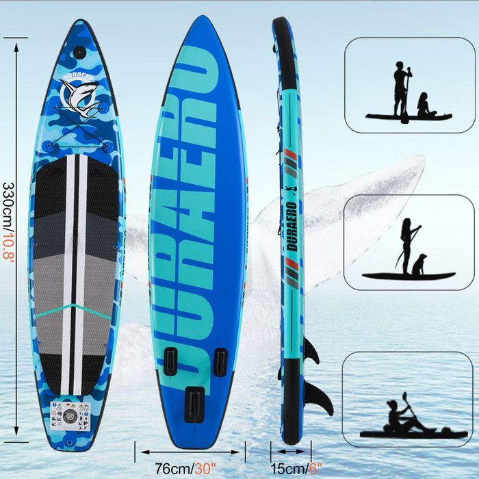 Inflatable stand-up paddleboard, complete accessories, blue camouflage