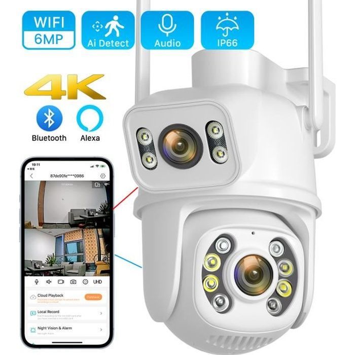 Cámara de vigilancia WiFi para exteriores, cámara de seguridad de doble lente de 6 MP, visión nocturna a color, IP66