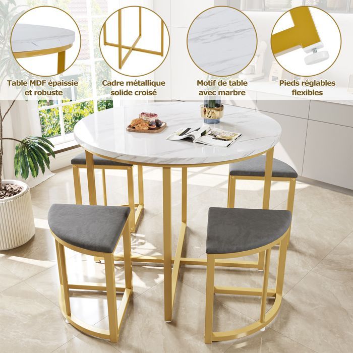 DRIPEX Dining Table with 4 Chairs, Modern Kitchen Table Set, MDF + Gold Iron Frame, Velvet Chairs, 80x80x75cm, Grey