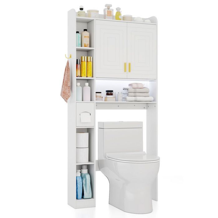 Armario para inodoro COSTWAY con iluminación LED, 2 puertas y 6 compartimentos abiertos, portarrollos de papel higiénico, estante ajustable, color gris.