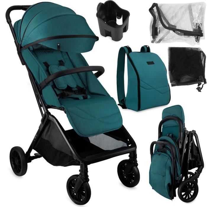 MoMi ANDREA - Poussette auto-pliant 0m+ jusqu’à 22 kg - Légère 7,3 kg - Barre rotative - Kit accessoires + sac à dos - Turquoise