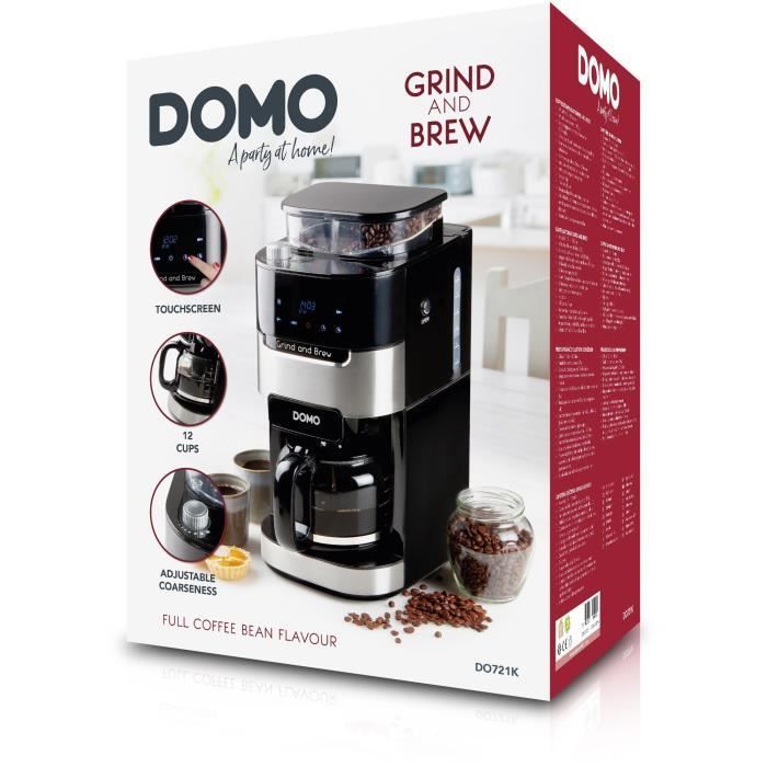 Cafetera de filtro con molinillo integrado - DOMO - DO721K - 900 W - 1,5 L - 12 tazas - 200 g de granos - Pantalla LCD - 3 niveles de intensidad -