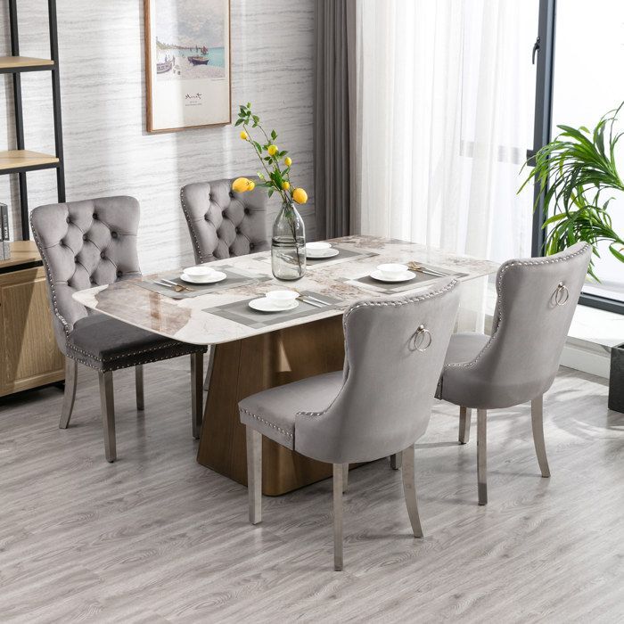 Chaise de Salle à Manger en Velours Contemporaine - Lot de 2 Chaise Rembourrée - Garniture Cloutée, Gris et Chrome