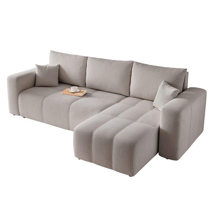 Canapé d'angle Réversible PEDRO - 4 places - Canape Convertible avec Coffre - Tissu Velours - Gris clair