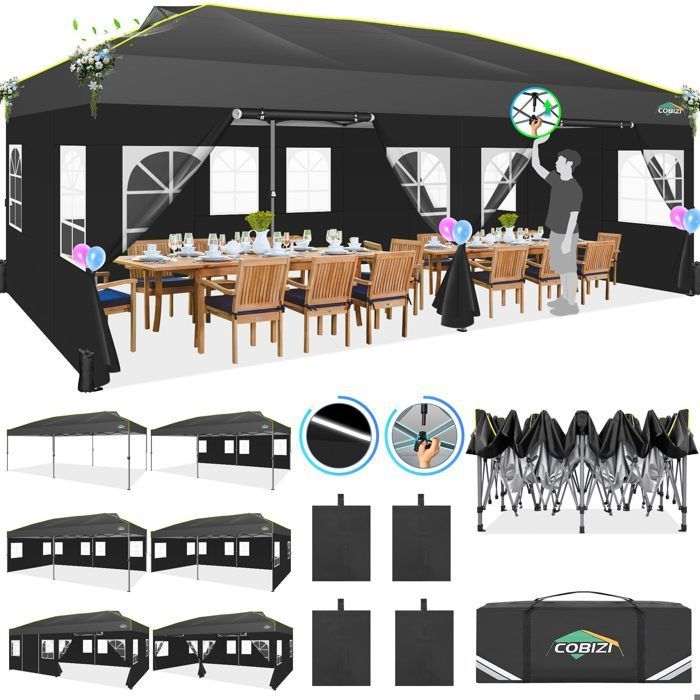 Tonnelle Pliante 3x6, Tonnelle de Jardin Exterieur, Imperméable Tente de Reception avec 6 Panneaux Latéraux，Noir