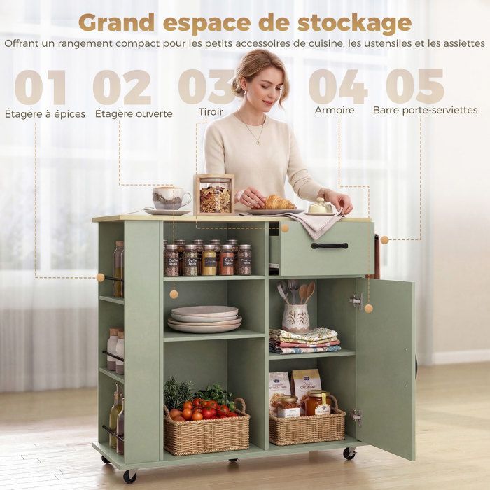 Carrito de cocina - HOMCOM - con ruedas - cajón, puerta, compartimentos abiertos y especiero - madera - 96,5 x 38 x 87 cm - verde