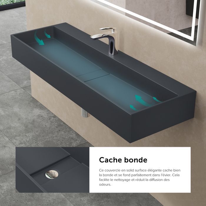 Lavabo de encimera doporro, gris mate/negro, lavabo de baño mural de 120 cm, lavabo rectangular con tapa de desagüe, Colossum6028