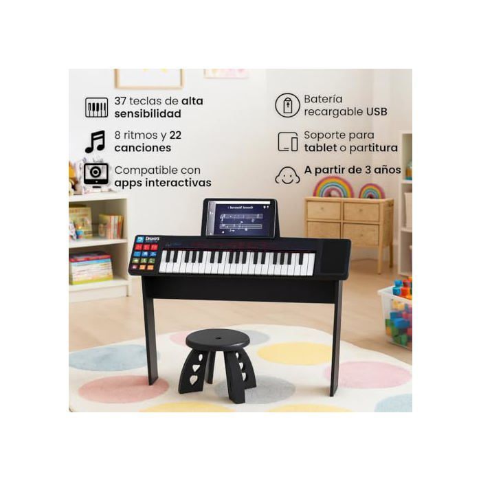 Children's electric piano - iDance - 37 keys - Rechargeable battery - 8 rhythms - 22 songs - Wooden base