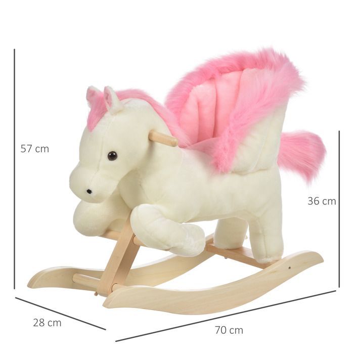 Caballo balancín - HOMCOM - Función musical, silla de montar suave y cómoda de felpa para niños de 18 a 36 meses - Madera - 70x28x57cm - Rosa
