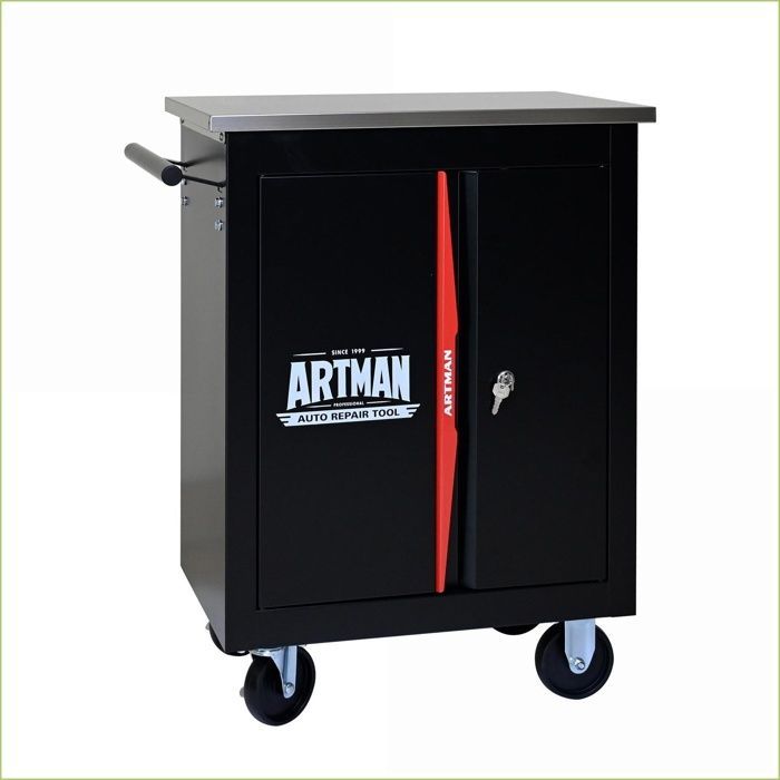 Armário para ferramentas - Carrinho multifuncional com porta dupla e avental - Preto e vermelho
