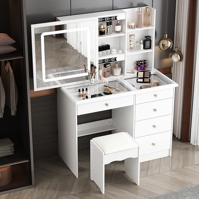 Set sgabello da toeletta con specchio scorrevole illuminato e pannello in vetro trasparente