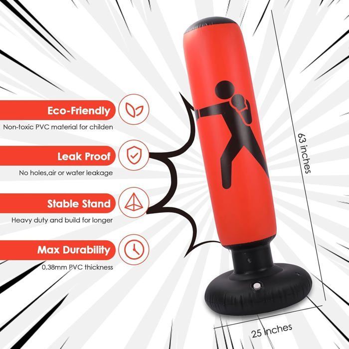 Saco de boxeo infantil, saco de boxeo inflable de 160 cm para niños, con bomba de aire y guantes de boxeo para kárate y kickboxing.