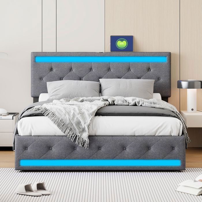 Lit capitonné 180x200 cm, Lit Double avec 4 Tiroirs de Rangement Lit Adulte avec Prise USB et éclairage LED, Lin, sans Matelas