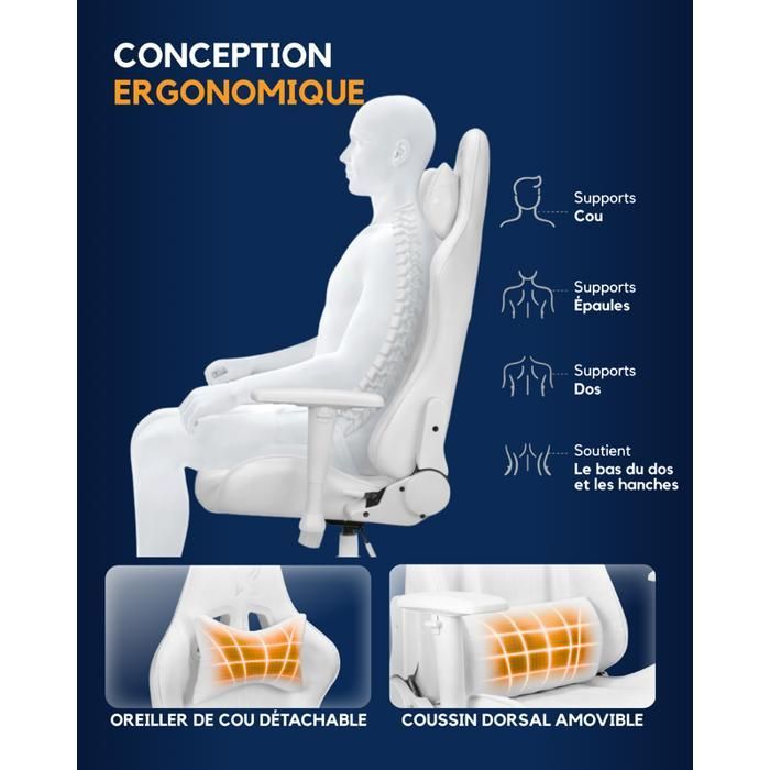 Ranqer Felix White Gaming Chair - Ergonomic Gamer Chair - High-Quality Faux Leather - Reclining Backrest and Lumbar Cushions