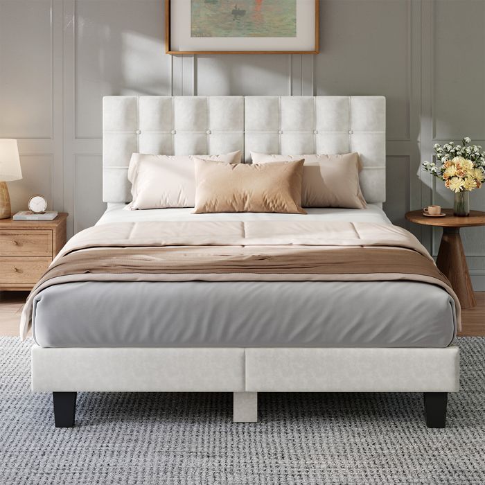 Cama HavenlyHome 140x190 cm, Cama Estofada, Cabeceira de Veludo, Cama de Casal com Estrado de Ripas, Cama para 2 Adultos