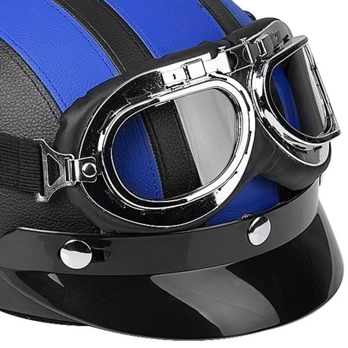 Casco abierto de media piel para moto/scooter con visera UV y gafas, estilo retro vintage, 54-60 cm - Azul